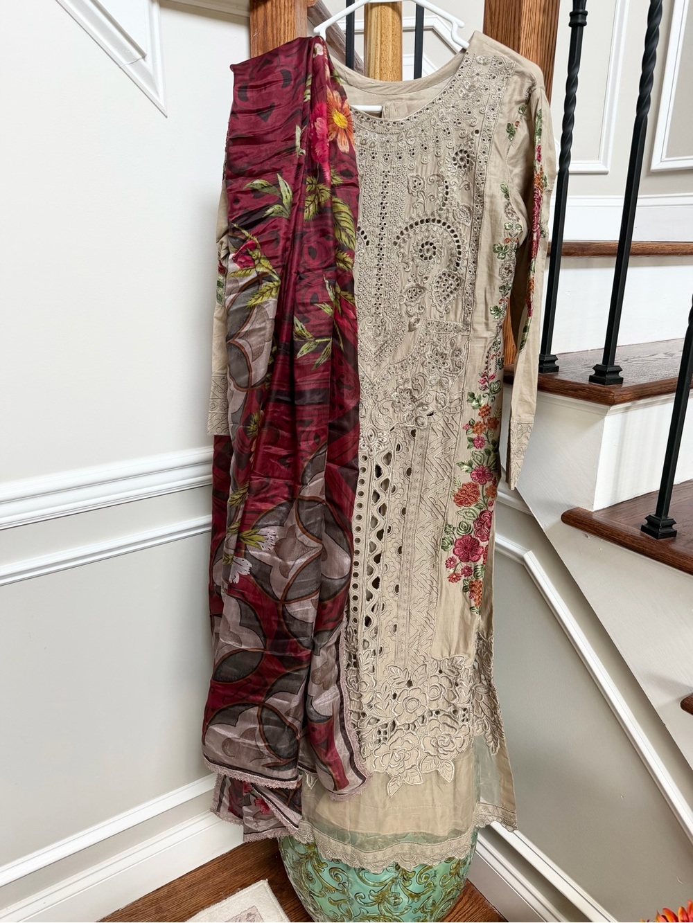 Beige Embroidered Maxi Dress with Maroon Floral Scarf